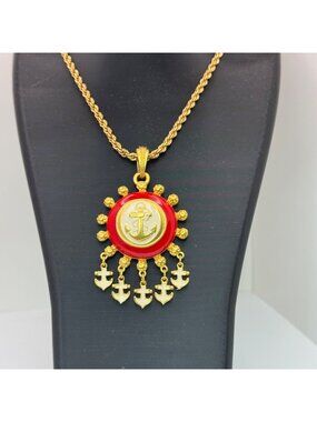 1/20 12K GF Nautical Anchor Statement Necklace Red White Enamel Pendant Charms